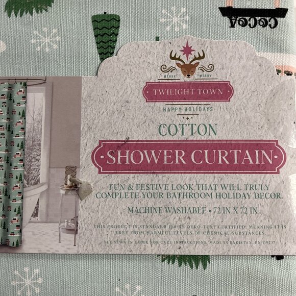 Twilight Town Christmas Fabric Shower Curtain Holiday Light Green Outdoor Snow - Picture 7 of 8